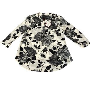 The Talbots Classic Blouse Top Womens Petite White Black Rose Floral‎ MSRP:$89